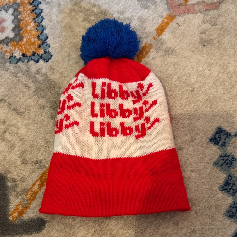 Vintage Knitted Libbey Beanie with Blue Pom-Pom